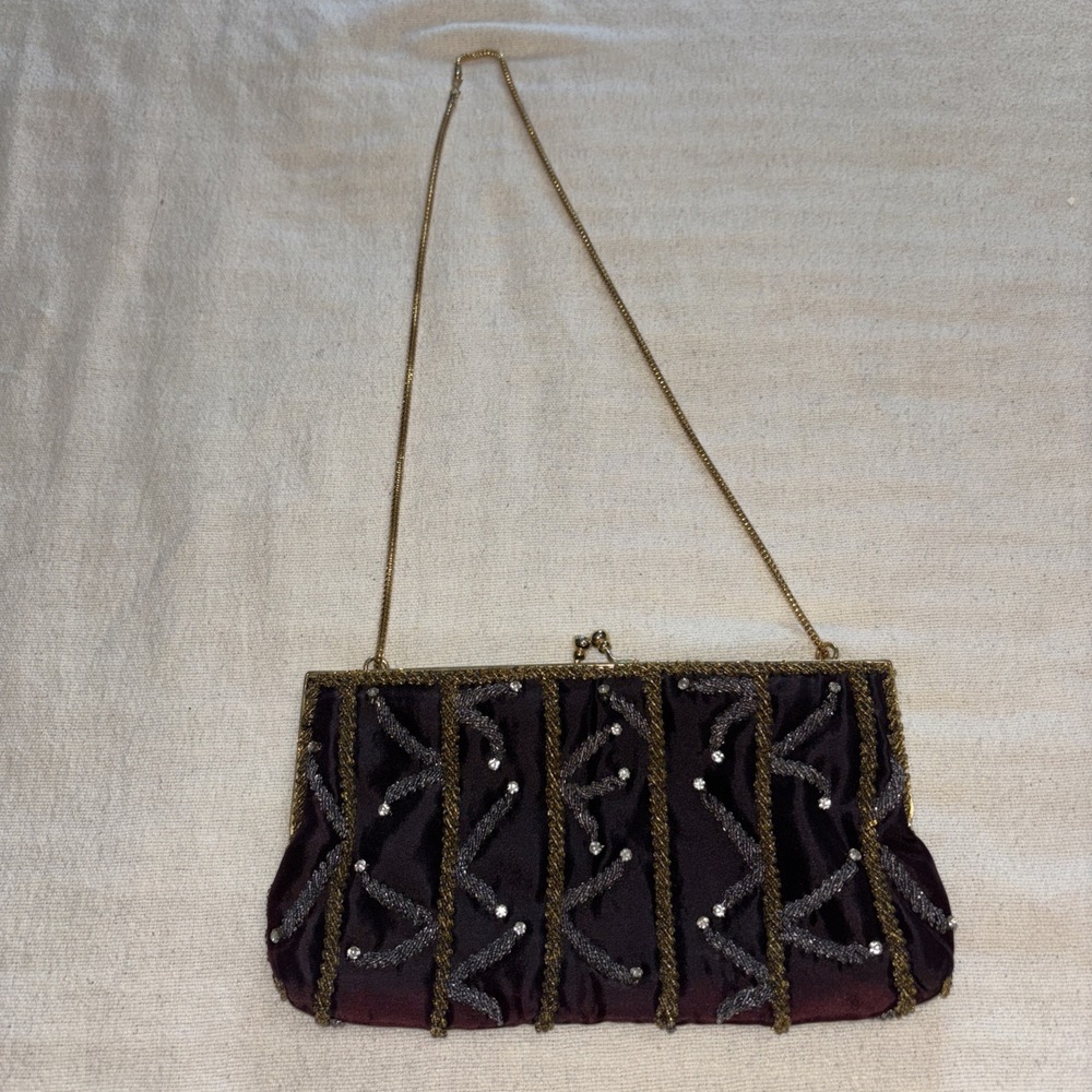 Vintage Walberg Evening‎ Bag Clutch Sangria Beaded Trim Rhinestone gold strap